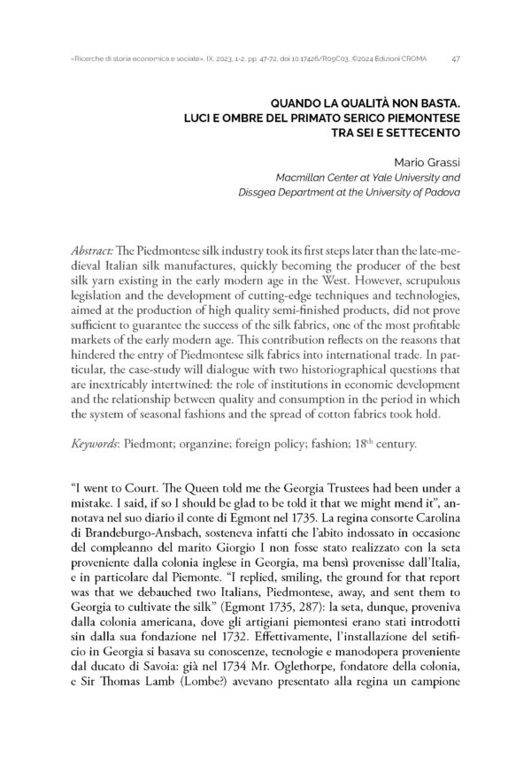 Quando la qualità non basta. Luci e ombre del primato serico piemontese tra sei e settecento