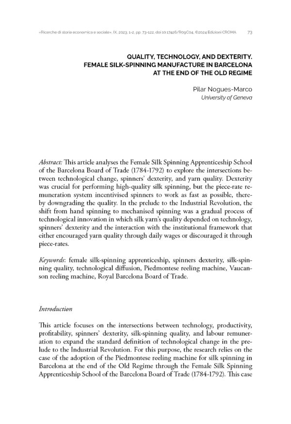Quality, technology, and dexterity. Female silk-spinning manufacture in Barcelona at the end of the old regime
