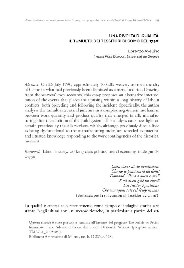 Una rivolta di qualità: il tumulto dei tessitori di Como del 1790